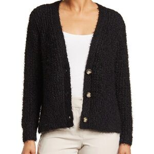 Catherine Malandrino Eyelet Knit Cardigan Black Size Large V-Neck Chunky Sweater